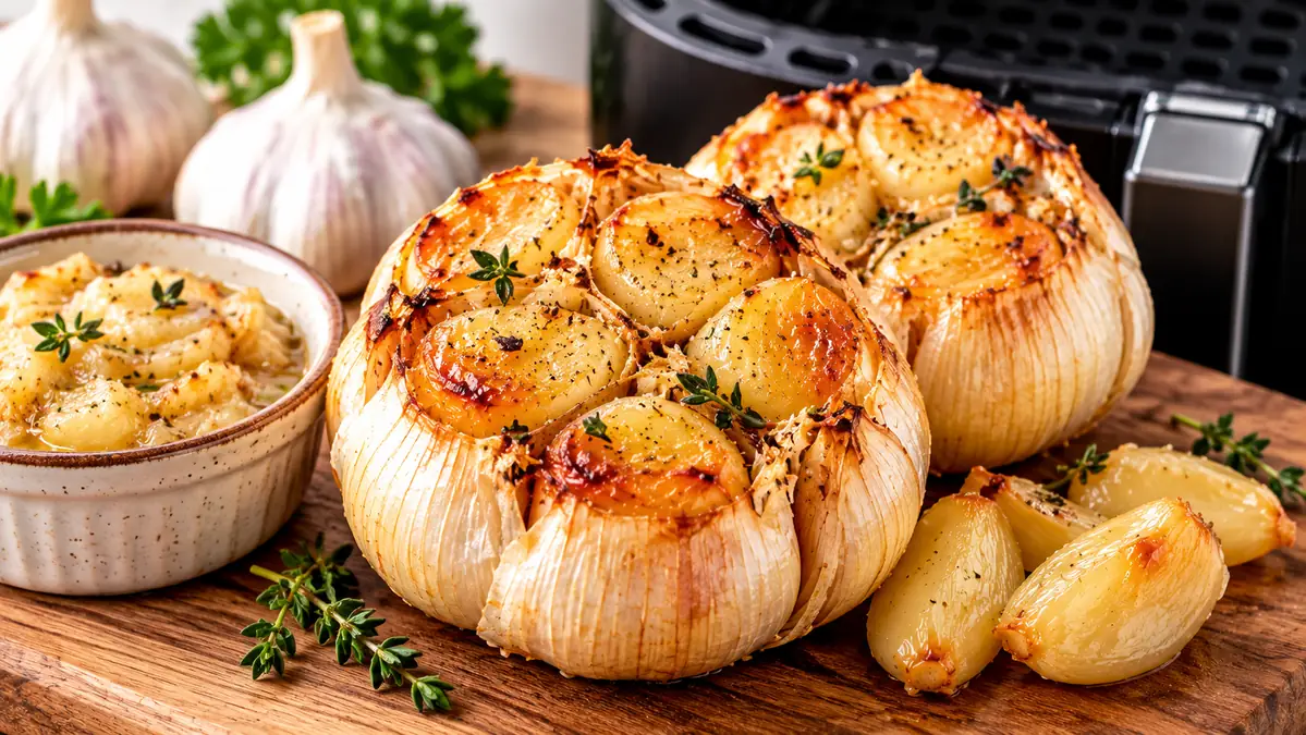Two whole roasted garlic bulbs with golden exposed cloves, herbs, and garlic spread beside an air fryer