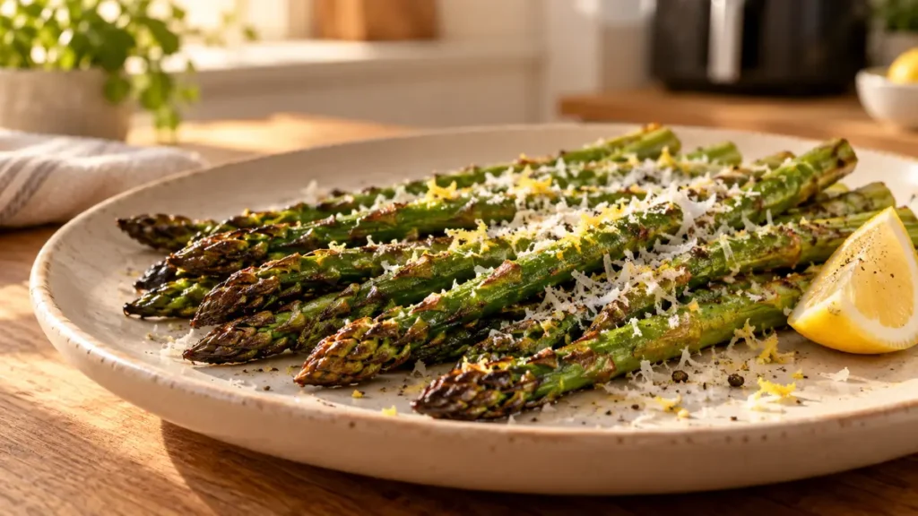 Asparagus with lemon and Parmesan on a plate.