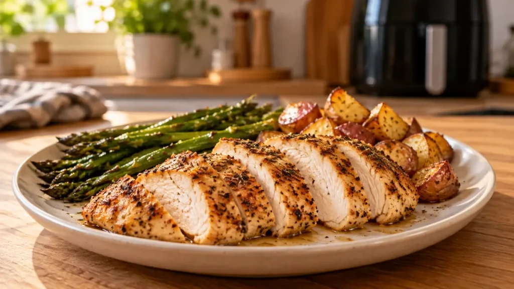 Grilled chicken slices served with asparagus and roasted potatoes