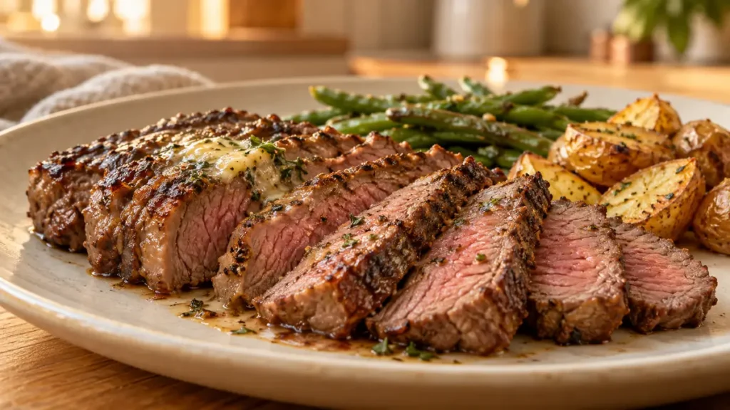 Plate of grilled steak slices with green beans and roasted potatoes.