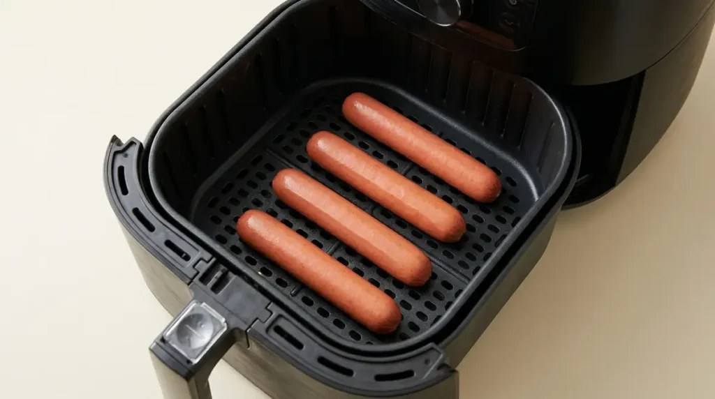 Fully cooked hot dogs spaced apart in an air fryer basket before heating.