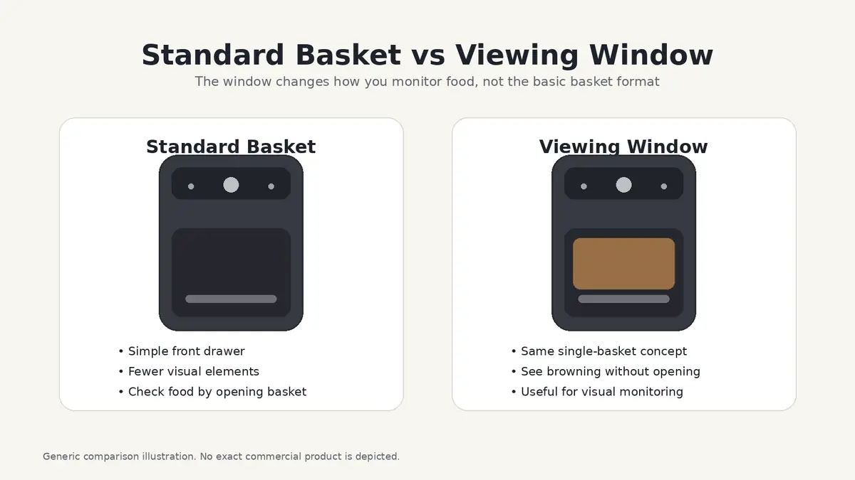 Instant Vortex Plus Air Fryer: Models, Features & Use 3 Editorial comparison of a generic standard single-basket air fryer and a similar model with a viewing window