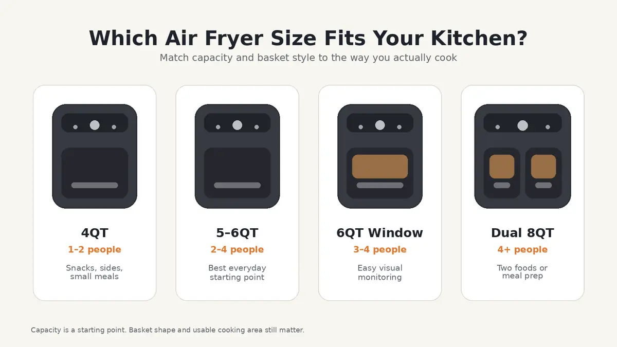 Instant Vortex Plus Air Fryer: Models, Features & Use 4 Decision guide comparing generic 4QT, 5 to 6QT, 6QT viewing-window, and dual 8QT air fryer formats by household size
