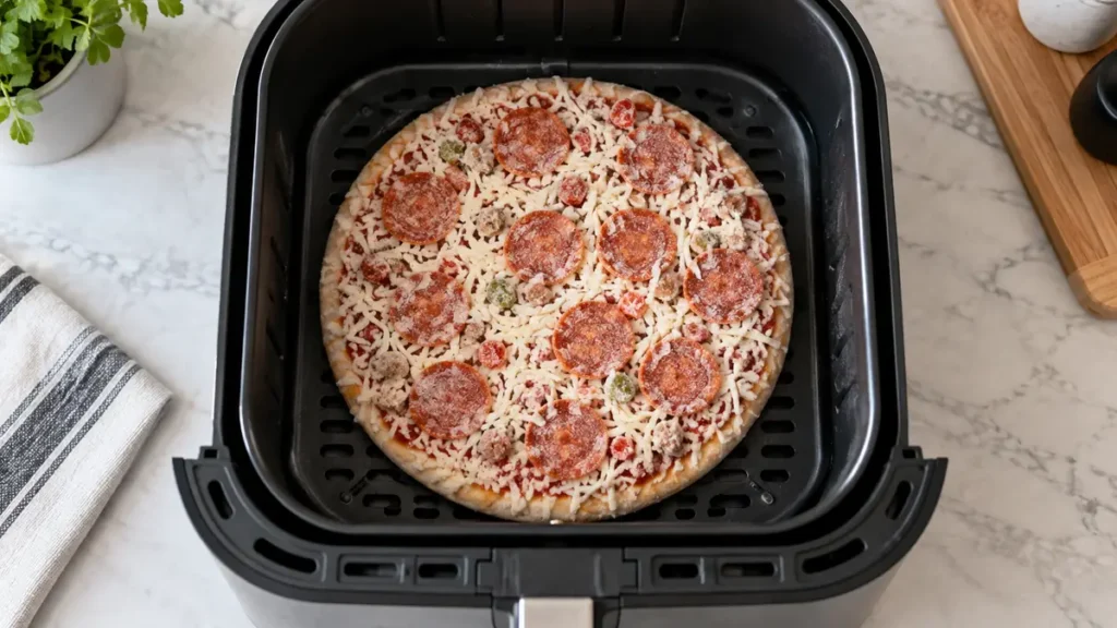 A pepperoni pizza inside an air fryer basket.