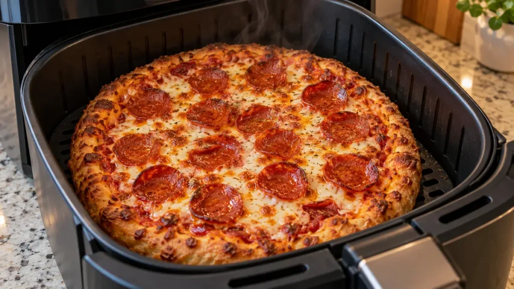 Pepperoni pizza cooking in an air fryer