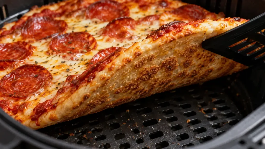 Close-up of a slice of pepperoni pizza with a crispy crust.