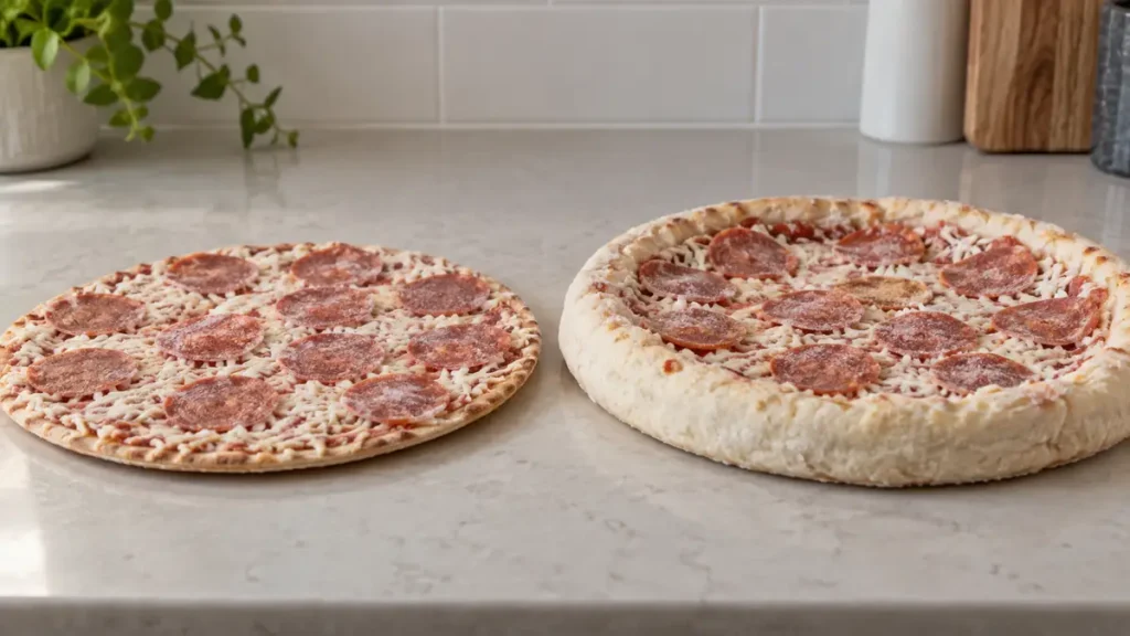 Two different styles of pepperoni pizzas side by side.