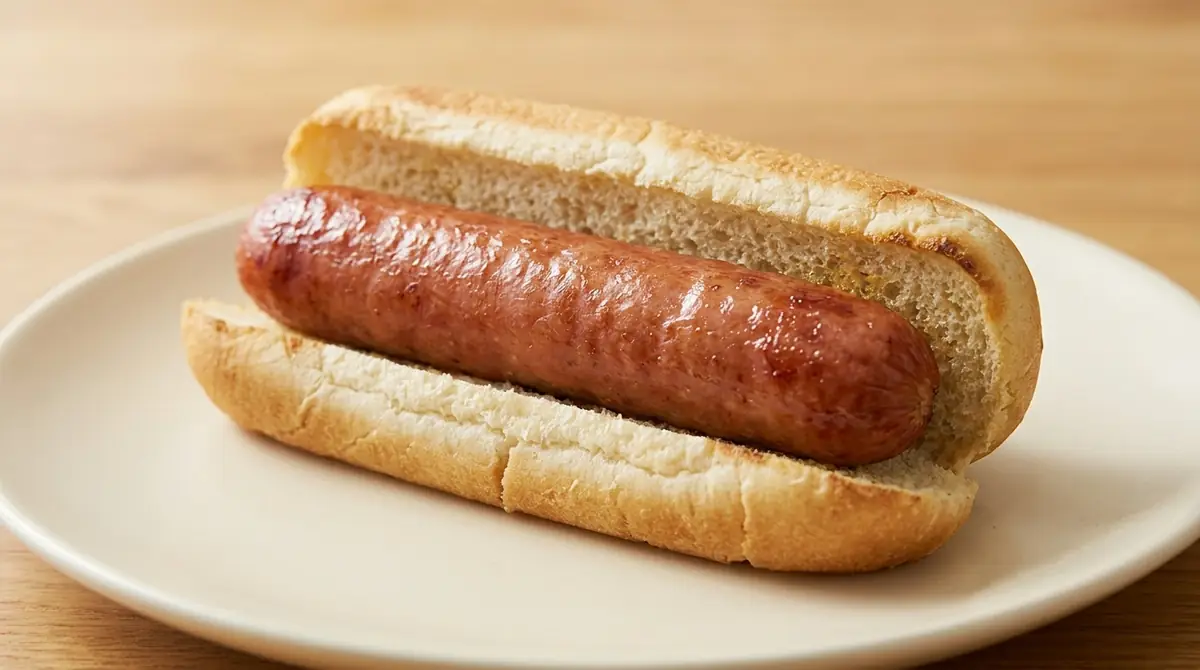 Close-up of a lightly browned air fryer hot dog in a toasted bun.