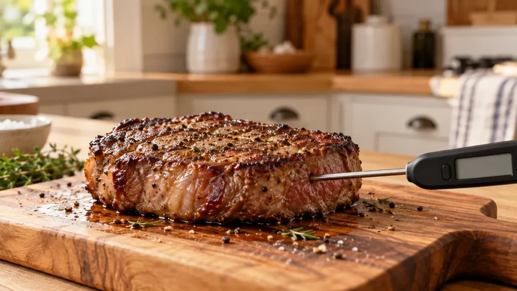 Juicy steak being measured with a thermometer on a cutting board.