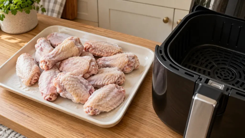 Plate of raw chicken wings next to an air fryer