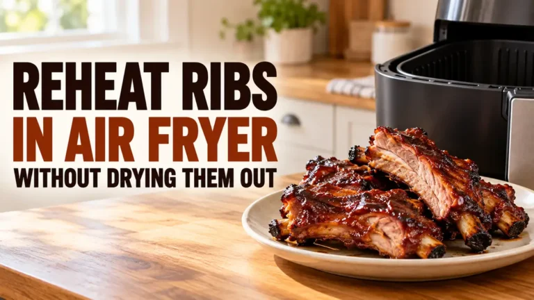 How to Reheat Ribs in the Air Fryer Without Drying Them Out 6 Delicious ribs on a plate beside an air fryer