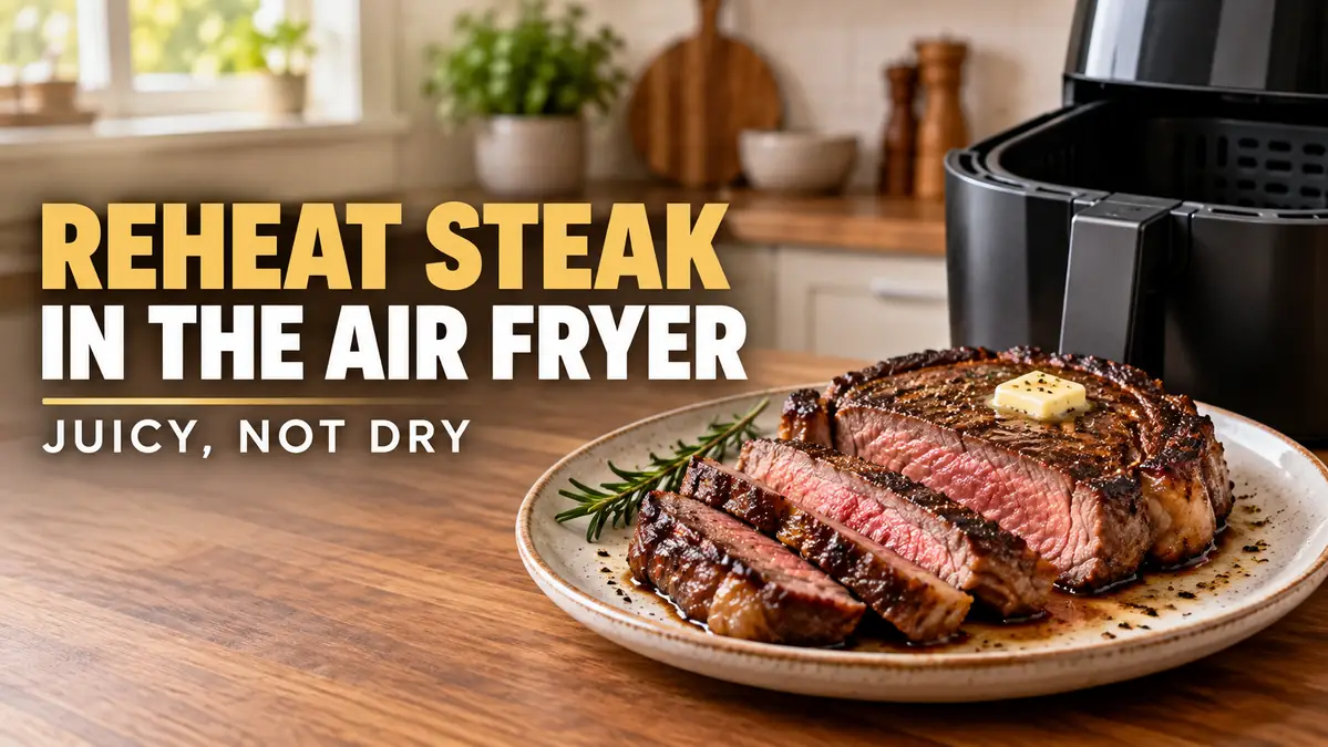Juicy reheated steak on a plate with herbs and a butter pat.