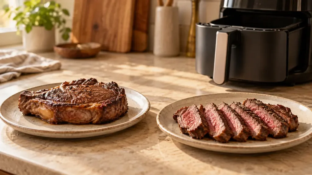A whole ribeye steak and sliced steak on plates.