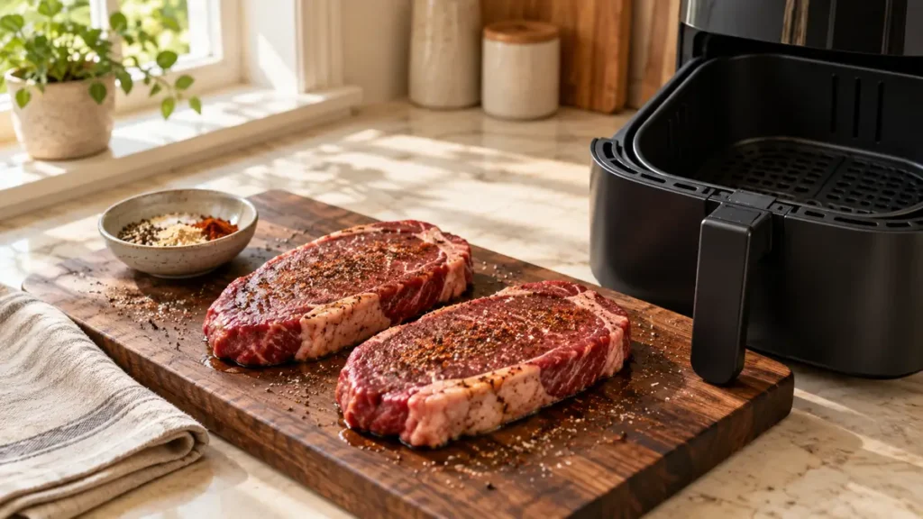 Two seasoned ribeye steaks on a wooden cutting board with an air fryer in the background.