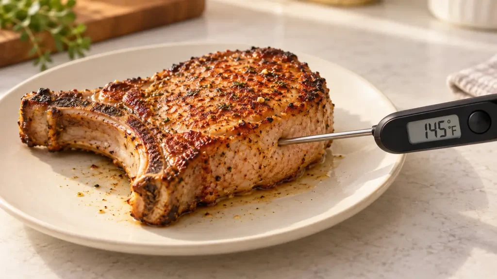 Meat thermometer inserted sideways into a cooked pork chop away from the bone, displaying 145°F