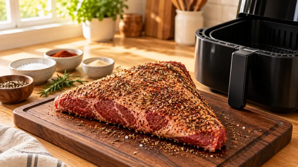 A seasoned cut of meat resting on a wooden cutting board.