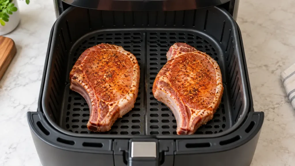 Two seasoned raw bone-in pork chops spaced apart in a black air fryer basket