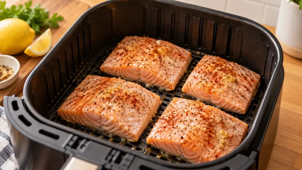Frozen salmon fillets seasoned with oil, garlic, paprika, salt, and pepper in an air fryer basket.