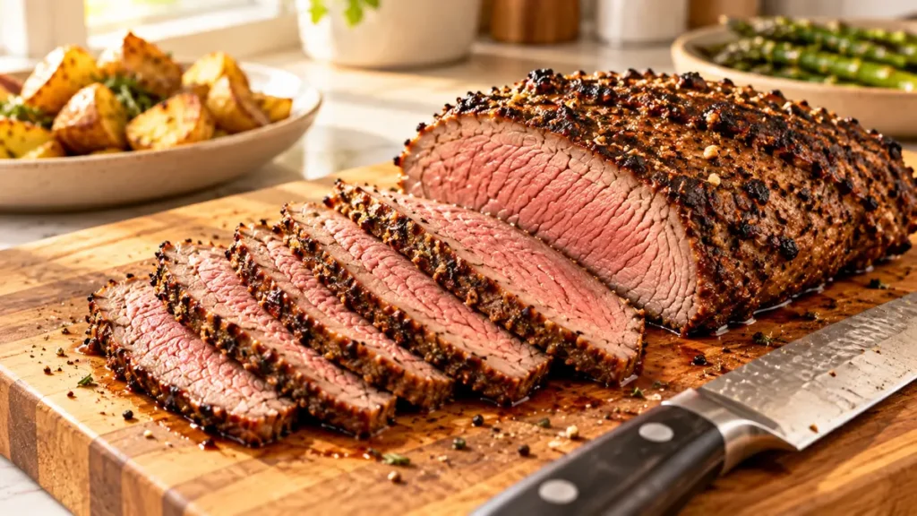 Slices of beef roast with a crusty exterior on a cutting board.