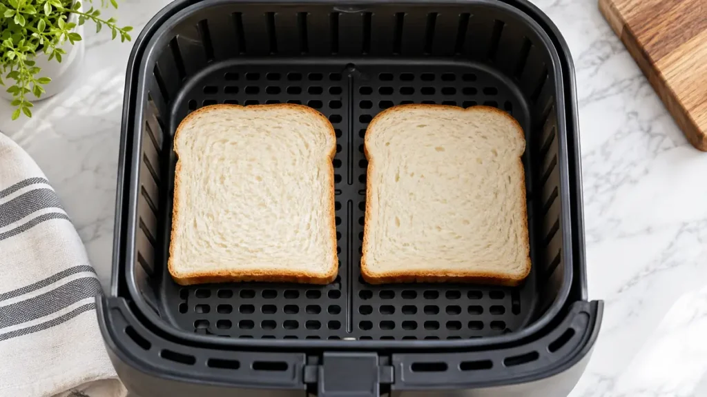 Two slices of bread in an air fryer basket.