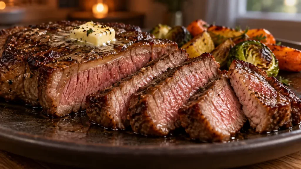 Sliced steak topped with butter and accompanied by roasted vegetables