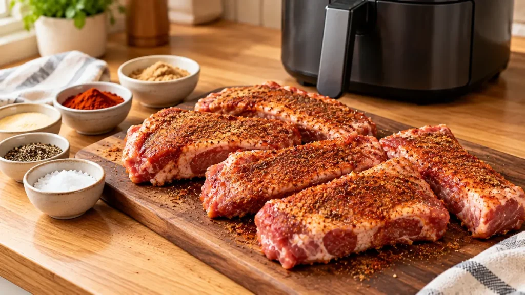 Country Style Ribs in Air Fryer: Tender, Juicy & Easy 2 Raw spiced pork ribs on a wooden board with seasonings nearby.