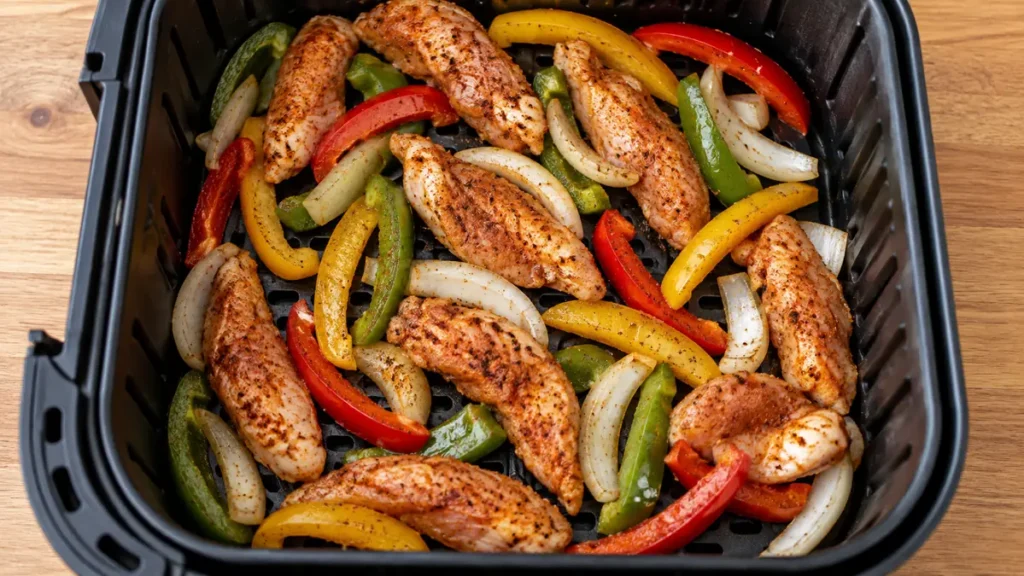 Air Fryer Chicken Fajitas: Juicy Chicken & Peppers 3 Cooked chicken slices mixed with bell peppers and onions