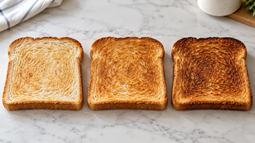 Three slices of toasted bread on a marble surface.