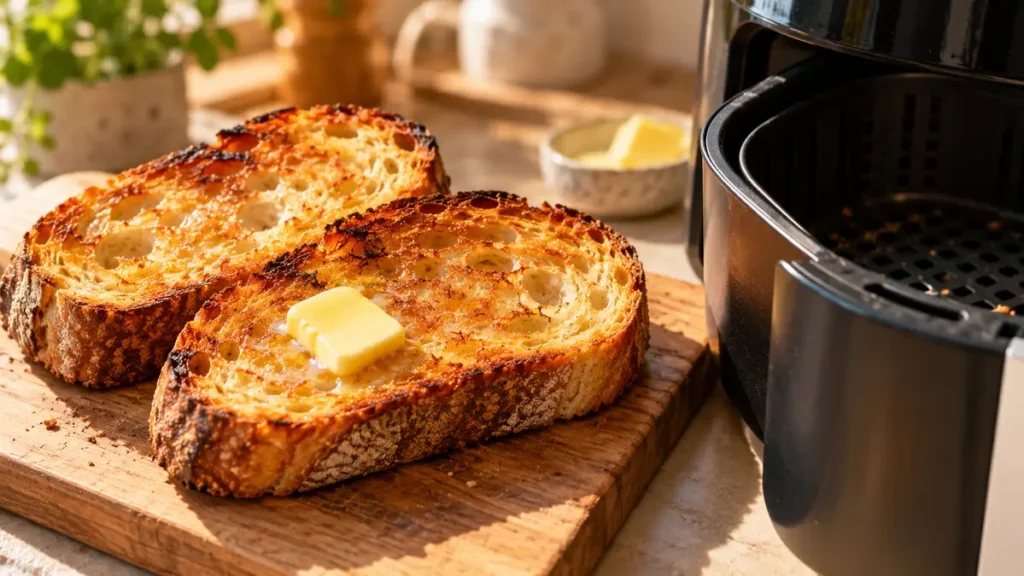 Two slices of toasted bread with butter on a wooden cutting board.