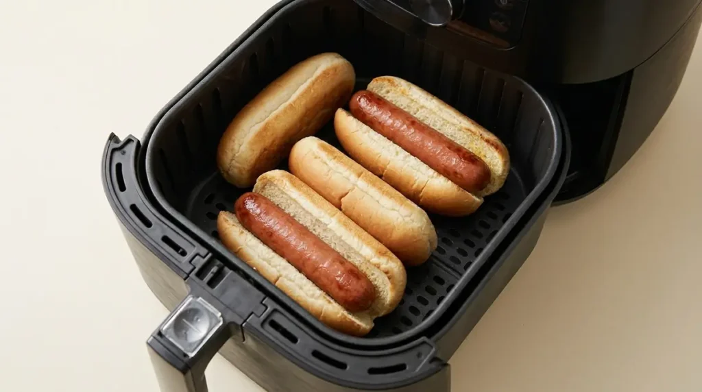 Cooked hot dogs in buns inside an air fryer basket for toasting.